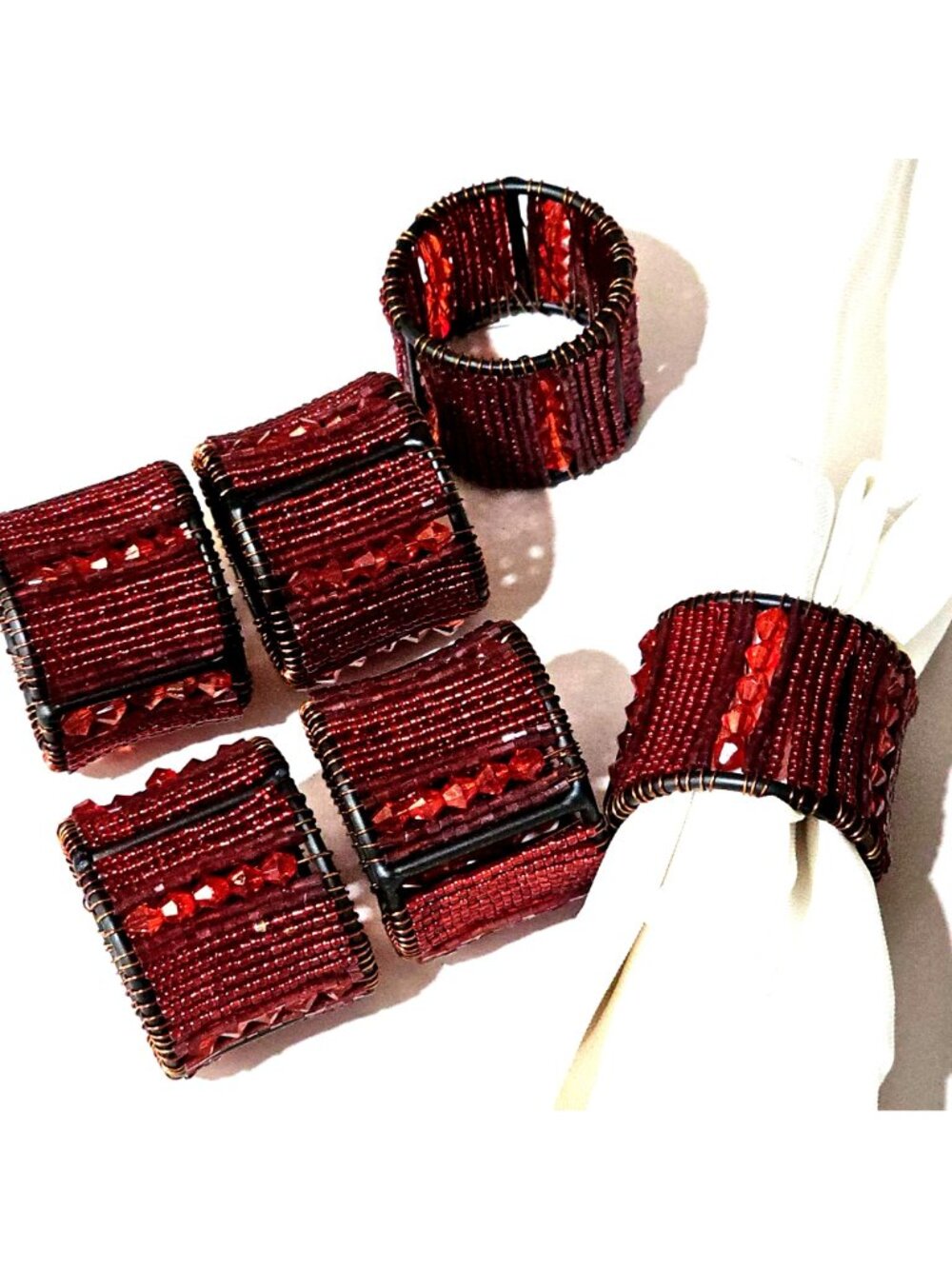 Pier 1 Beaded Wire Napkin Rings 2" set- 6 red beads copper wire vintage decor - Picture 2 of 8